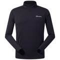 A black long-sleeve pullover with a quarter zip features the logo of the brand on the left chest and has snug cuffs for warmth and comfort.