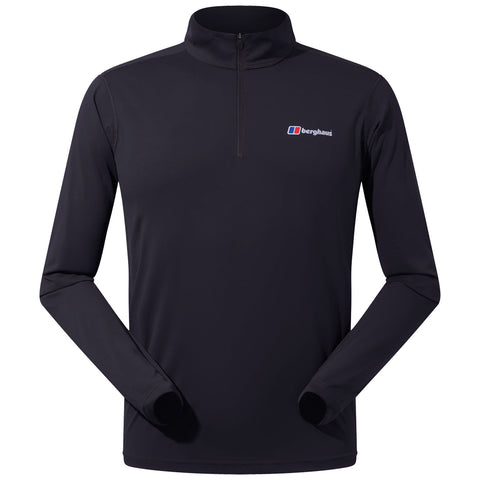 A black long-sleeve pullover with a quarter zip features the logo of the brand on the left chest and has snug cuffs for warmth and comfort.