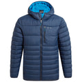 A navy blue puffer jacket hangs with a full front zipper and a hood featuring a bright blue lining and textured quilted design suitable for cold weather.