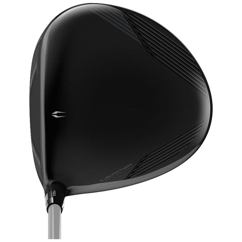 A black golf club driver head is prominently displayed facing upwards showcasing its sleek design and angled grooves indicating high performance for launching golf balls in a game context.