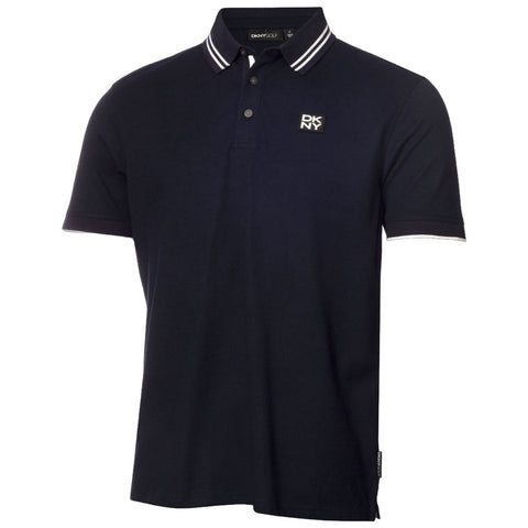 A dark navy polo shirt with a collar features white stripes and a small logo on the chest. It is displayed against a plain white background.