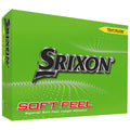 Bright green golf ball packaging features the brand Srixon prominently at the top followed by the words Soft Feel and a description that highlights superior soft feel and longer distance beneath it.