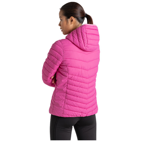 A pink puffer jacket is displayed hanging vertically with a hood and zippered front while showcasing a quilted texture and brand logo on the upper left side.