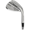 A golf wedge with a polished silver surface is angled for display showcasing detailed grooves and branding while featuring a sleek handle designed for grip and control.