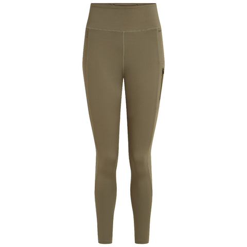 Olive green leggings designed for comfort feature a high waistband and zippered pockets illustrating a sleek and functional athletic wear suitable for casual or active use