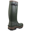 A green rubber boot stands upright featuring a textured brown sole and a strap at the top for adjustment set against a plain white background