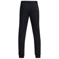 Black athletic pants are displayed, showing the back view. They feature a smooth fabric, a fitted design, and elastic cuffs at the ankles, suitable for casual or active wear.