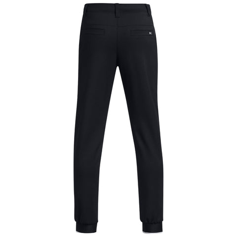 Black athletic pants are displayed, showing the back view. They feature a smooth fabric, a fitted design, and elastic cuffs at the ankles, suitable for casual or active wear.