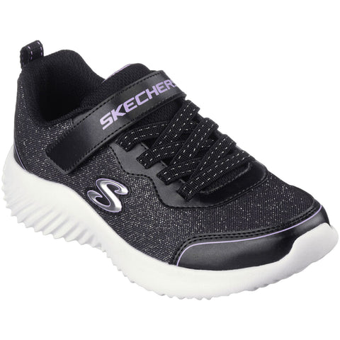 A black athletic shoe features a sleek design with a textured upper and elastic laces. It is set against a plain background, emphasizing its modern and sporty aesthetic. The brand name is visible on the strap.