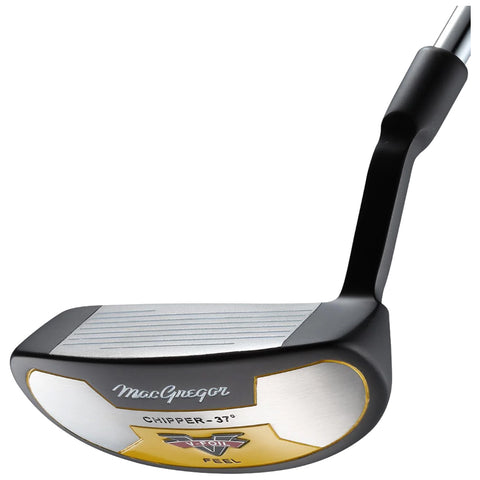 A golf chipper with a flat metal face is positioned at an angle showcasing its grooves and a distinctive gold and silver design with the name MacGregor and the word Chipper at 37 degrees.