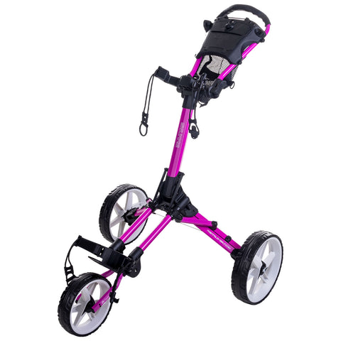 A purple golf push cart with three wheels stands upright showcasing its lightweight frame and a mesh bag holder emphasizing its use on golf courses for transporting gear.