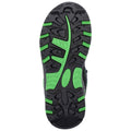 A shoe sole features a textured black surface with green accents highlighting the treads designed for grip and traction suggesting suitability for outdoor activities or sports on various terrains.