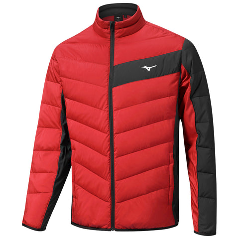 A red and black jacket features a padded design with a high collar and zip closure showcasing a stylized logo on the chest ideal for outdoor activities in cold weather.