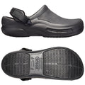 A pair of black clogs designed for comfort with a strap for secure wear positioned on a flat surface showcasing both the top and bottom views emphasizing their textured sole and shape.