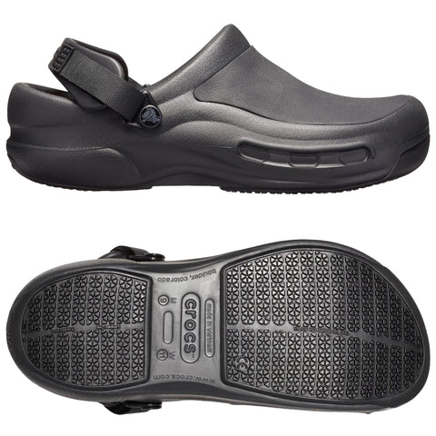 A pair of black clogs designed for comfort with a strap for secure wear positioned on a flat surface showcasing both the top and bottom views emphasizing their textured sole and shape.