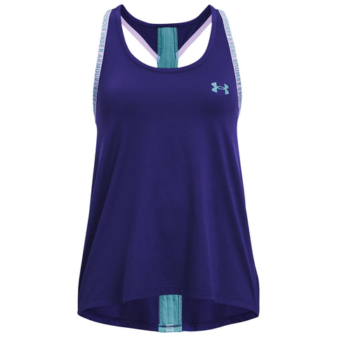 A white athletic tank top with black trim features a racerback design. The front displays a small logo while the back showcases a branded strap with the words ARMOUR UNDER ARMOUR.