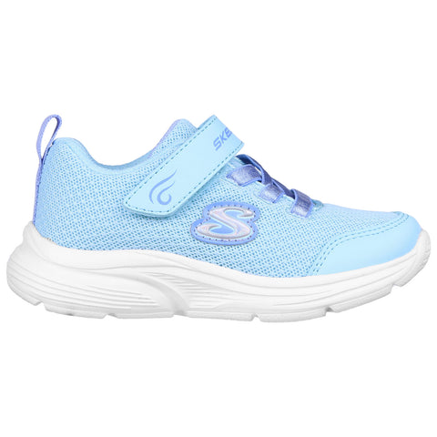 Light blue athletic shoes are displayed with a textured fabric upper and a white sole featuring a strap across the instep for secure fitting against a plain background.