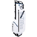 A golf bag is standing upright showcasing its white exterior and blue accents. It features multiple storage compartments and has the text "ORBITER RAIN DRY" prominently displayed.