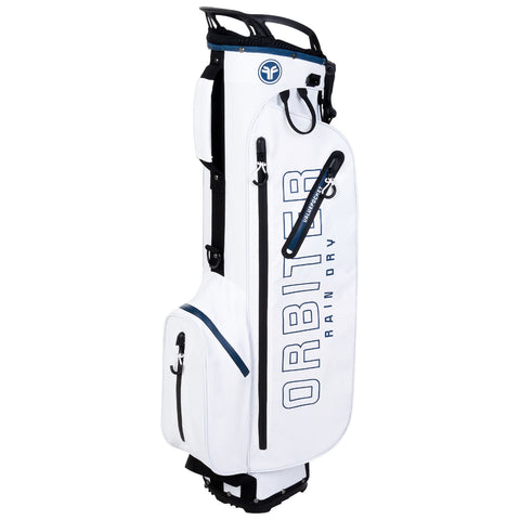 A golf bag is standing upright showcasing its white exterior and blue accents. It features multiple storage compartments and has the text "ORBITER RAIN DRY" prominently displayed.