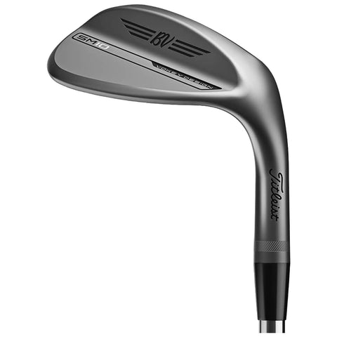 A golf wedge lies on a flat surface suggesting readiness for use in a game the club features a sleek design with a metallic finish and brand markings indicating its manufacturer.