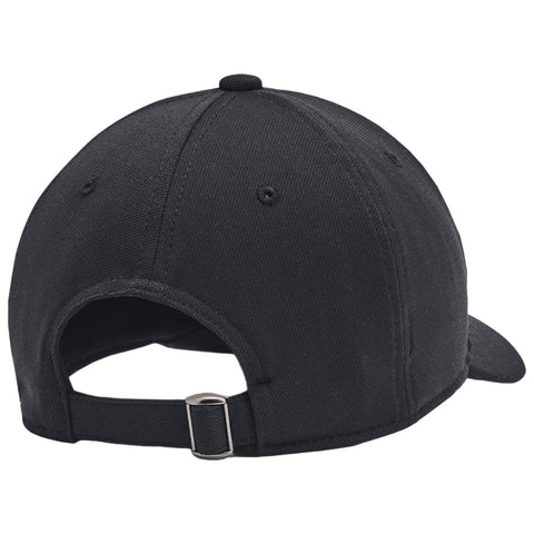 A black baseball cap is positioned with its back facing the viewer showing a curved brim an adjustable strap and ventilation holes in a neutral background.