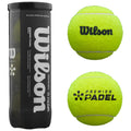 A cylindrical black container holds padel balls with vibrant yellow felt surfaces prominently displaying the words Wilson and Premier Padel beside two individual balls resting on a white background.