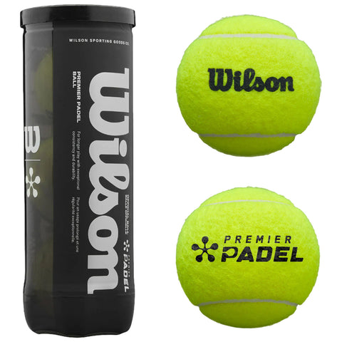 A cylindrical black container holds padel balls with vibrant yellow felt surfaces prominently displaying the words Wilson and Premier Padel beside two individual balls resting on a white background.