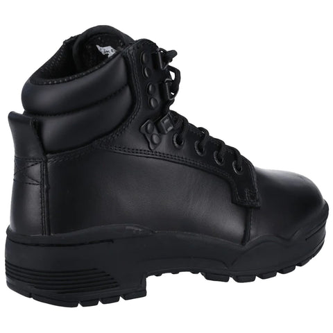 A black leather boot stands upright showcasing its high ankle support lacing system and rugged sole designed for durability in outdoor or work environments.