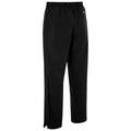 Black pants stand upright showcasing a loose fit with an elastic waistband and side zippers near the ankles designed for comfort and ease of movement in casual or active settings.