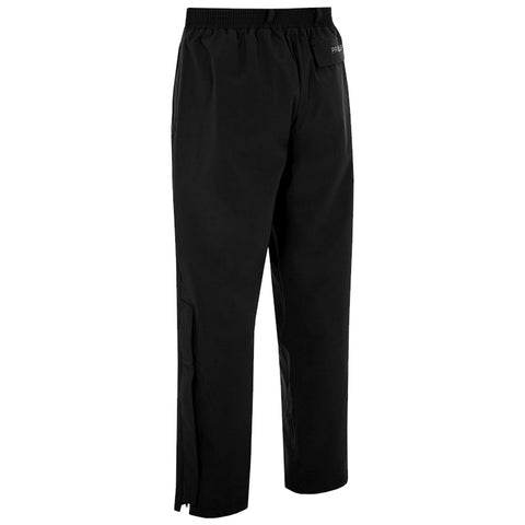 Black pants stand upright showcasing a loose fit with an elastic waistband and side zippers near the ankles designed for comfort and ease of movement in casual or active settings.