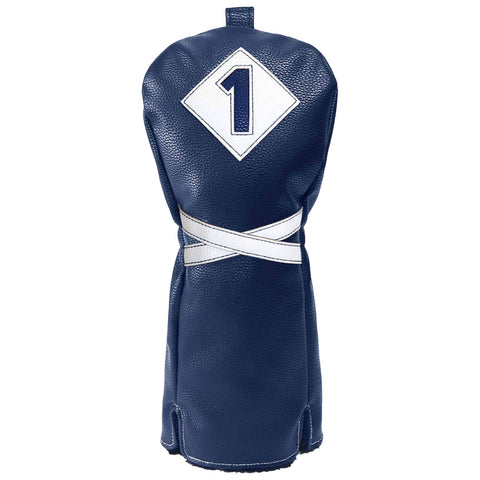 A navy golf club headcover with a white number one displayed prominently on the front is designed to protect the golf club while showcasing its owner’s preference in the golf bag.