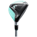 A golf club is displayed upright showing a black and teal head with a textured surface and adjustable settings designed for striking a golf ball on a course.