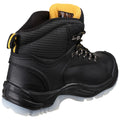 Black work boot with a high ankle design and yellow accents laced up stands on a flat surface featuring a textured sole and padded collar suitable for rugged outdoor use.