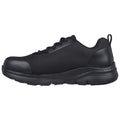 A black athletic shoe is displayed side-on featuring a smooth upper material and a textured sole designed for comfort and support in sports or casual settings.