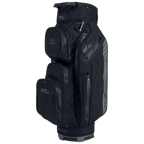 A golf bag is standing upright featuring multiple compartments and zippers designed for holding golf clubs and accessories it has a sleek black exterior with branded logos and technology labels