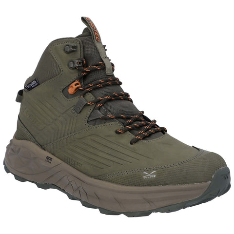 A green hiking boot is positioned prominently with laces threaded through eyelets. The rugged sole indicates outdoor suitability, suggesting use in trail walking or hiking environments.