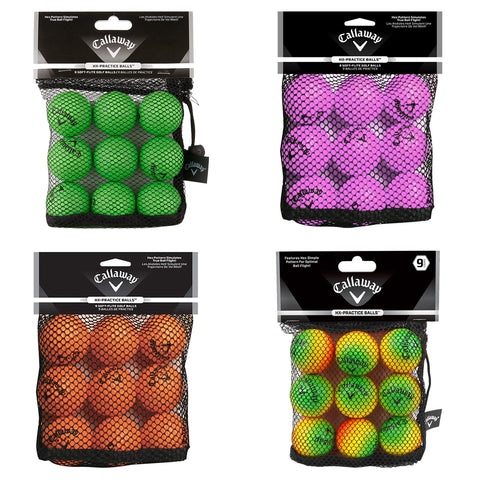 Four mesh bags contain brightly colored practice golf balls in green, pink, orange, and yellow. Each bag holds multiple balls for training purposes, labeled as HX-Practice Balls by Callaway.