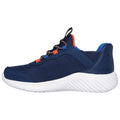 A navy blue athletic shoe is displayed with a mesh upper and white sole It features orange and blue accents and multicolored laces suggesting a sporty and casual design