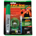 A green packaging contains a green ball alignment tool a Sharpie marker and additional tools designed for golfers to improve aim and stroke with features highlighted for better performance.