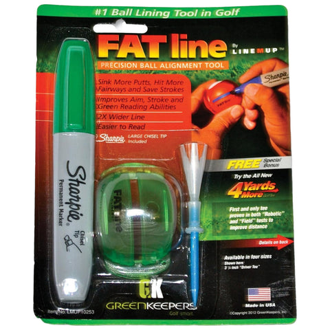 A green packaging contains a green ball alignment tool a Sharpie marker and additional tools designed for golfers to improve aim and stroke with features highlighted for better performance.