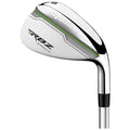 A golf club is positioned diagonally showcasing its sleek silver head with a smooth finish and green accents indicating brand details typically used on a golf course for swinging at a ball.