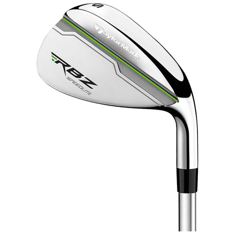 A golf club with a shiny silver finish features a wedge-style head labeled RBZ and TaylorMade and is positioned at an angle, showcasing its sleek design against a neutral background.