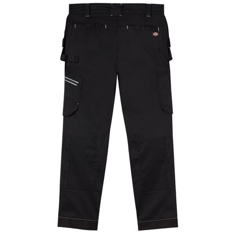 Black cargo pants are displayed standing upright showing multiple pockets and reinforced knees designed for durability and practical use suitable for work or outdoor activities.