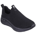 A black slip-on sneaker features a breathable knitted upper with a cushioned sole designed for comfort and flexibility suitable for casual wear or light activities.