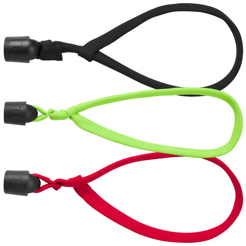 Three elastic cords in black green and red are arranged horizontally with their ends secured by plastic toggles creating loops for various uses in organizing or securing items.