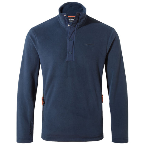 A navy blue fleece pullover features a high collar with buttons and zippered pockets on the sides, designed for warmth and comfort in casual or outdoor settings.