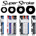 Multiple golf club grips are displayed vertically in various colors and designs with the brand name Super Stroke visible each grip is labeled with numbers indicating different sizes ranging from 1.0 to 5.0