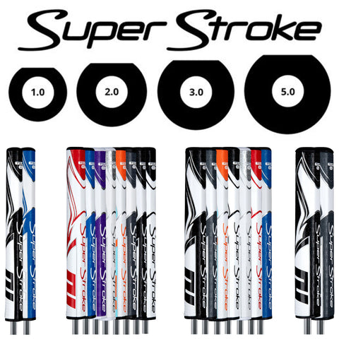 Multiple golf club grips are displayed vertically in various colors and designs with the brand name Super Stroke visible each grip is labeled with numbers indicating different sizes ranging from 1.0 to 5.0