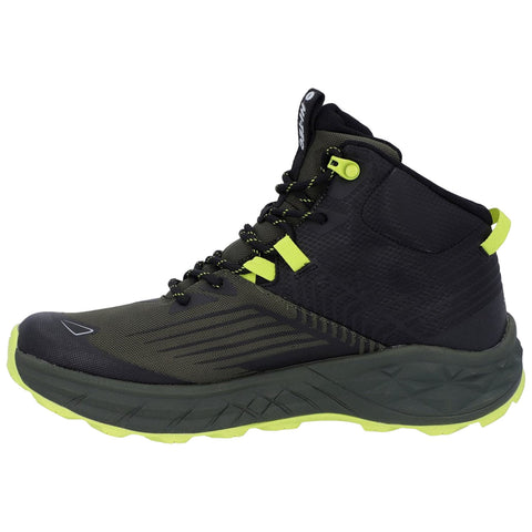 A black and green hiking shoe is positioned against a neutral background showcasing its mid-top design laces and bright accent details highlighting its rugged outdoor functionality.