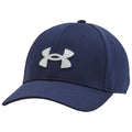 A dark blue baseball cap with a light gray Under Armour logo prominently displayed at the front sits against a plain background showcasing its structured design and curved visor.